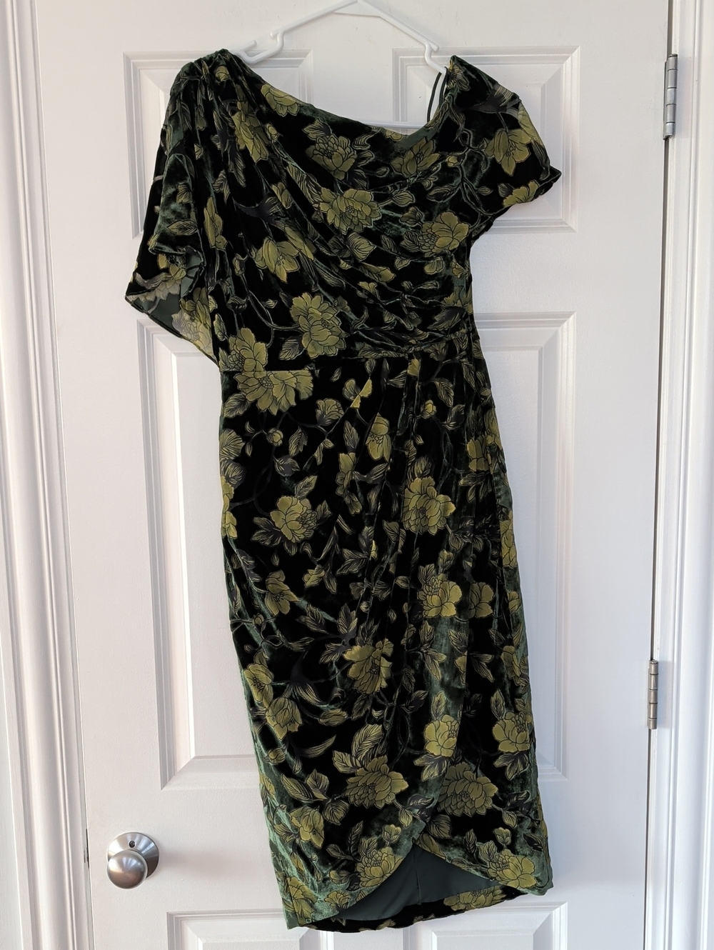 NWT: Theia Maia One Shoulder Olive Floral Velvet Dress